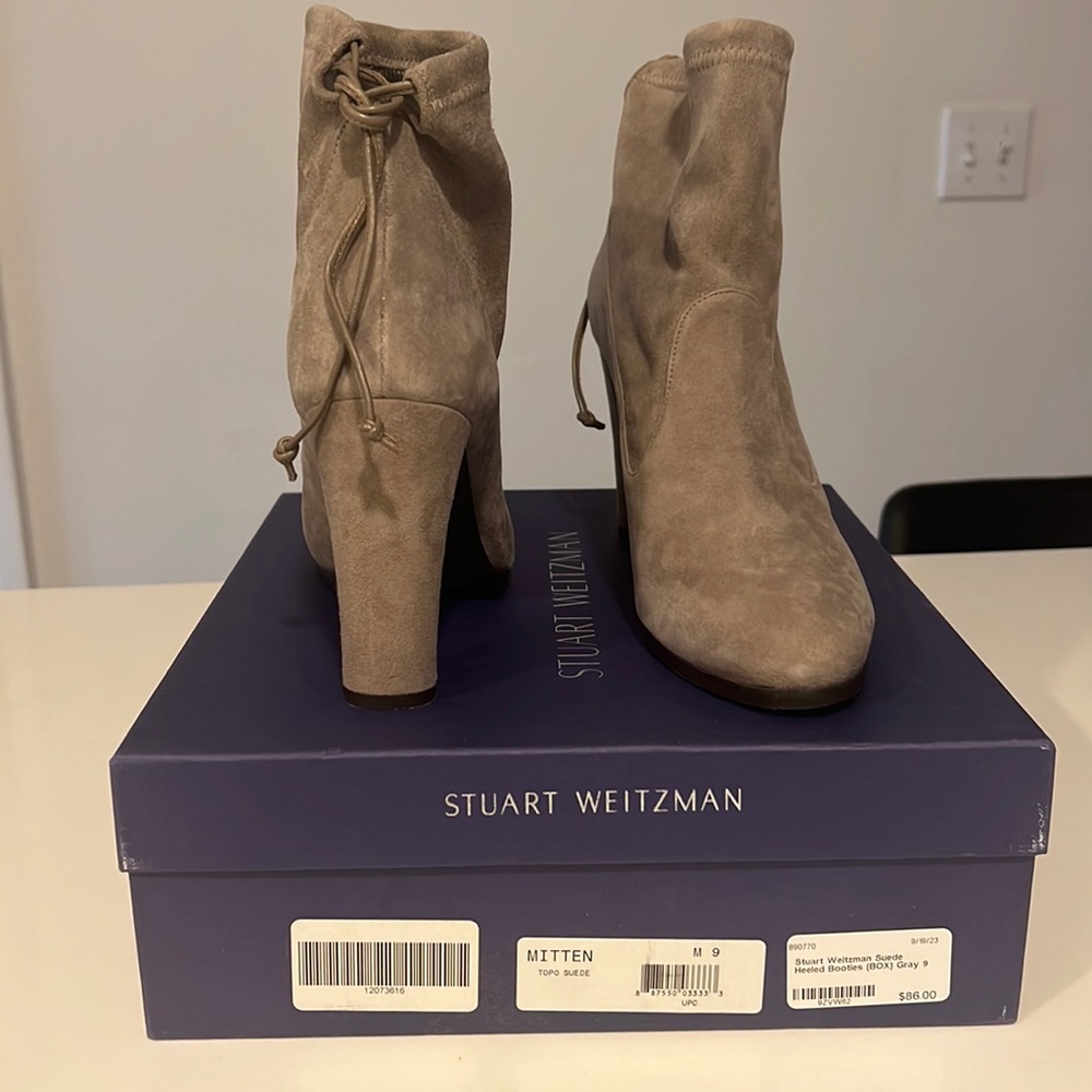 Stuart Weitzman Suede Grey Tie Back Booties size 9 WORN ONCE
